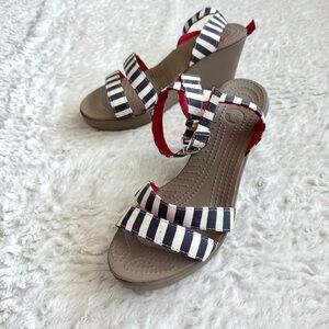 CROCS Black and White Striped Wedges